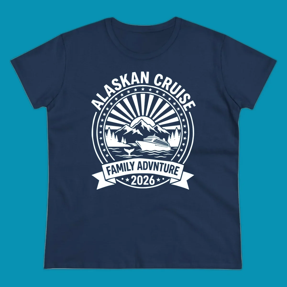 Vintage circular badge with Alaska cruise family adventure theme, featuring snow mountains, cruise ship, whale tail, and radiating sunburst design.