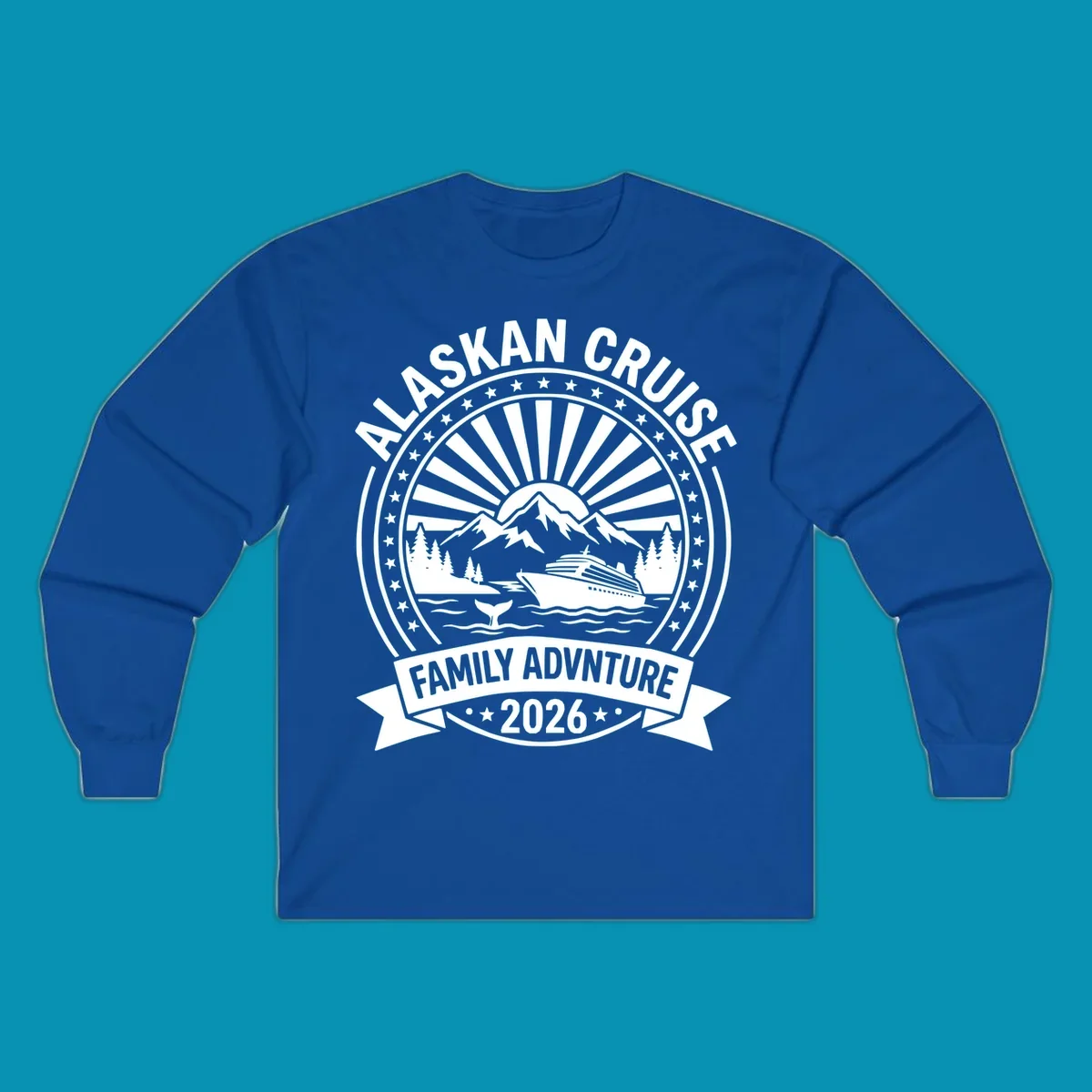 Vintage circular badge with Alaska cruise family adventure theme, featuring snow mountains, cruise ship, whale tail, and radiating sunburst design.