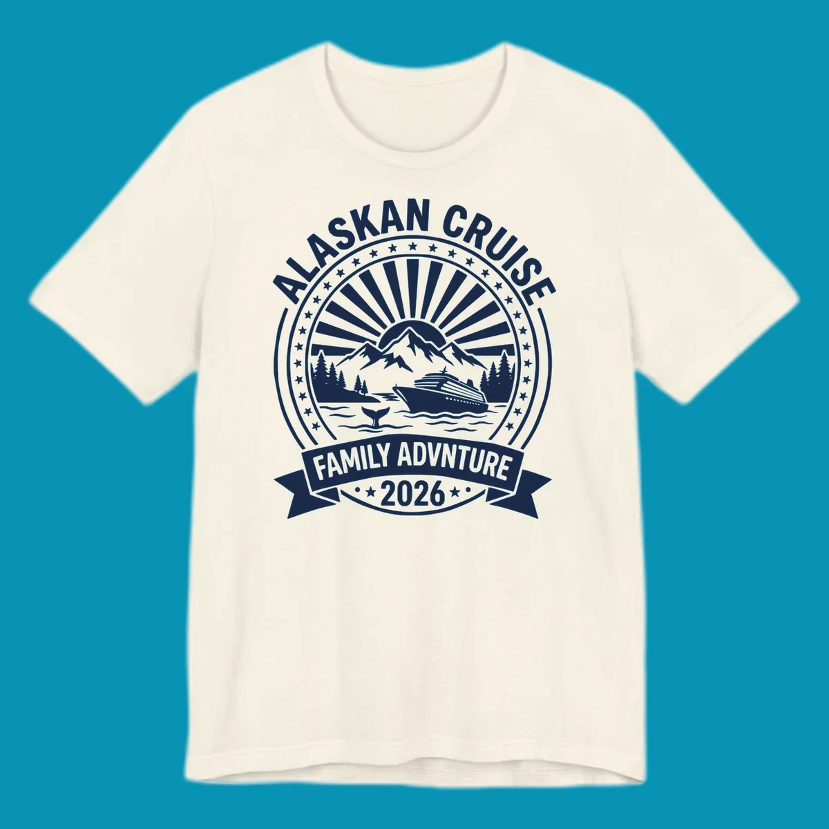 Vintage circular badge with Alaska cruise family adventure theme, featuring snow mountains, cruise ship, whale tail, and radiating sunburst design.
