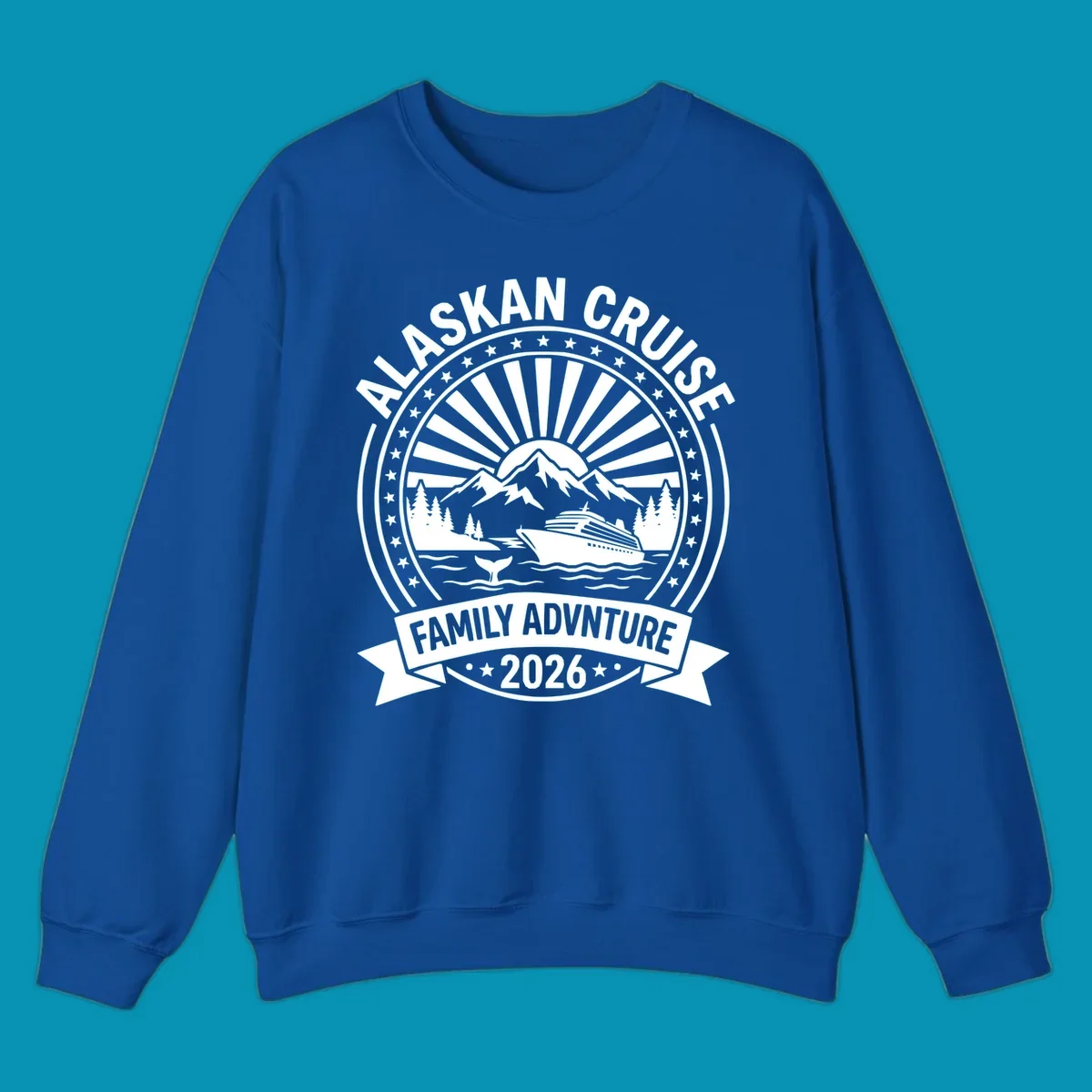 Vintage circular badge with Alaska cruise family adventure theme, featuring snow mountains, cruise ship, whale tail, and radiating sunburst design.