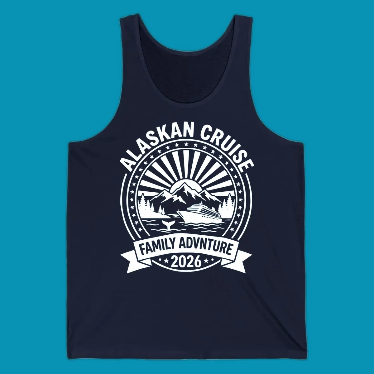 Vintage circular badge with Alaska cruise family adventure theme, featuring snow mountains, cruise ship, whale tail, and radiating sunburst design.