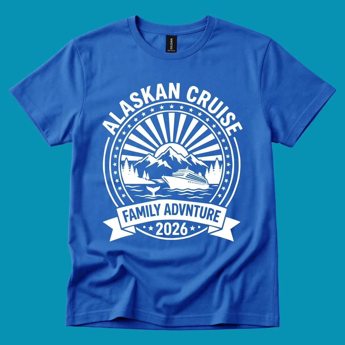 Vintage circular badge with Alaska cruise family adventure theme, featuring snow mountains, cruise ship, whale tail, and radiating sunburst design.