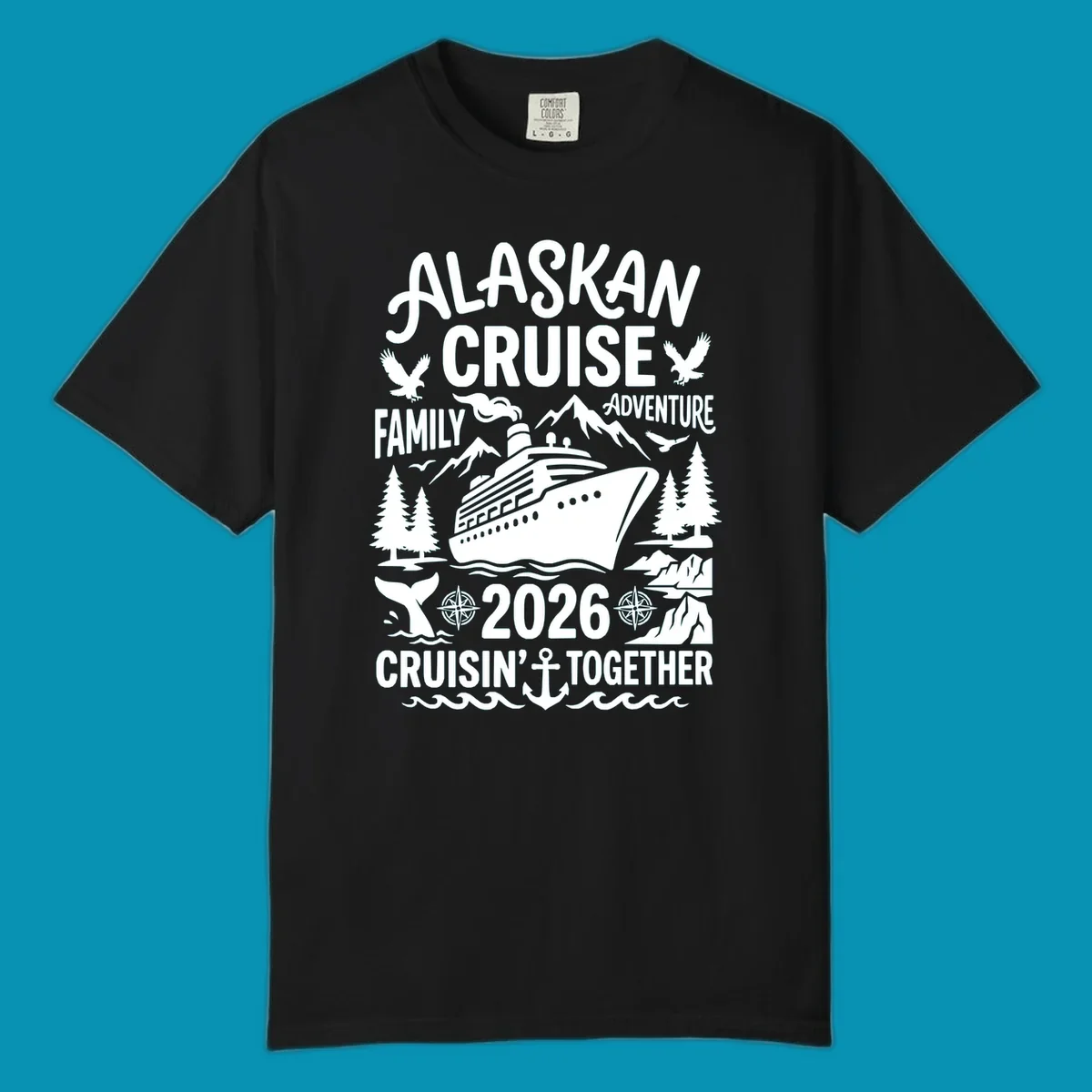 Alaskan cruise family 2026 design with cruise ship, bald eagles, mountains, whales, and nautical elements on gray background