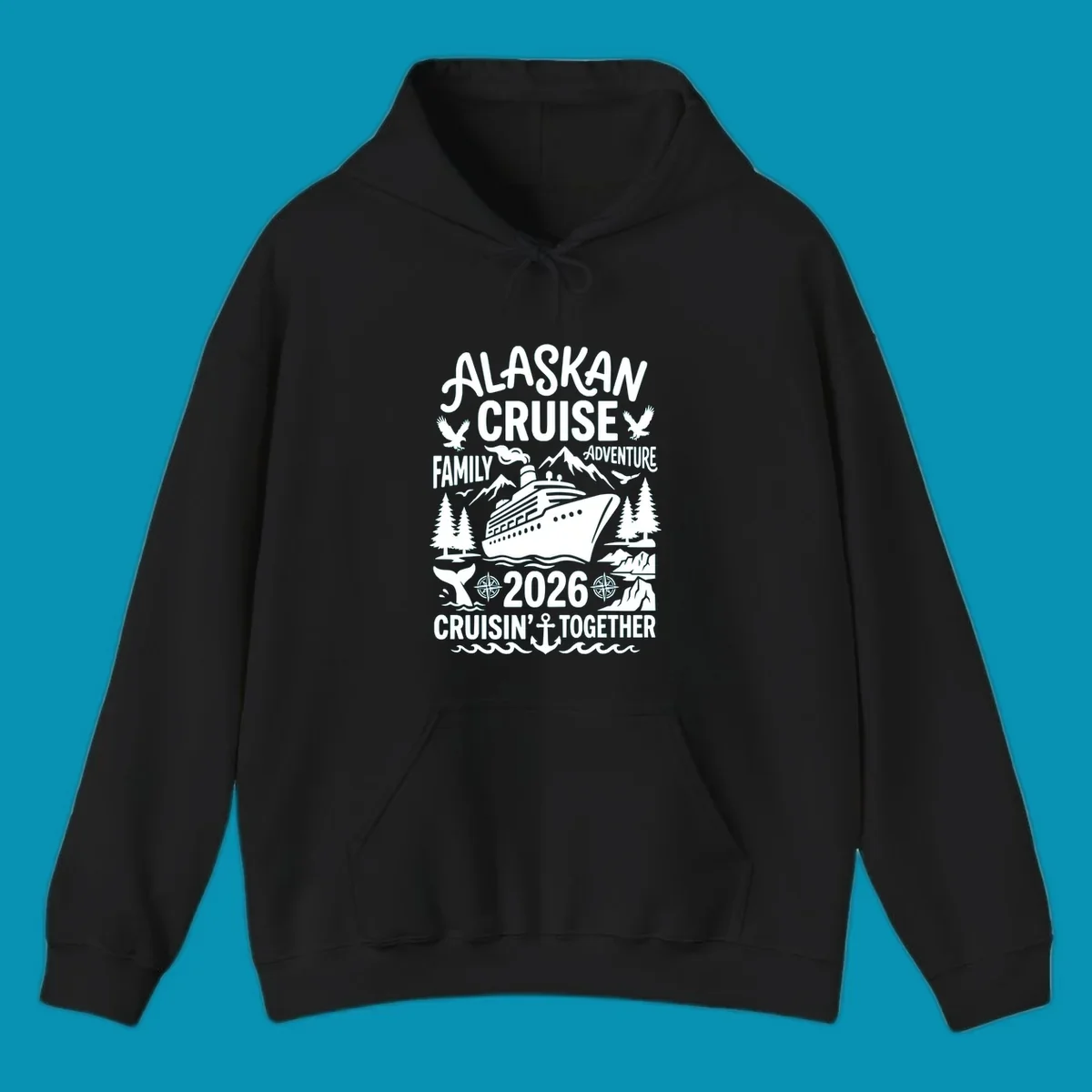Alaskan cruise family 2026 design with cruise ship, bald eagles, mountains, whales, and nautical elements on gray background
