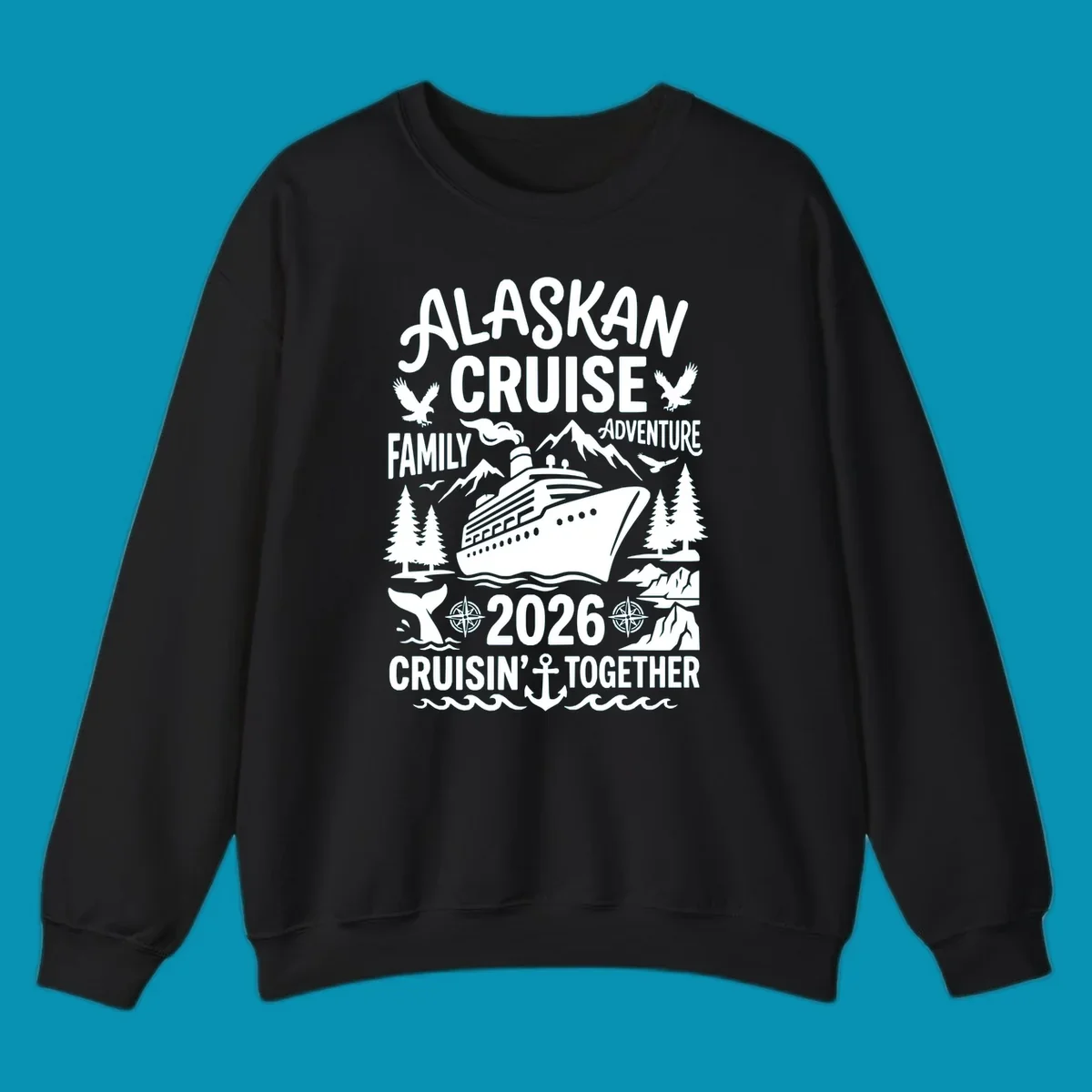 Alaskan cruise family 2026 design with cruise ship, bald eagles, mountains, whales, and nautical elements on gray background