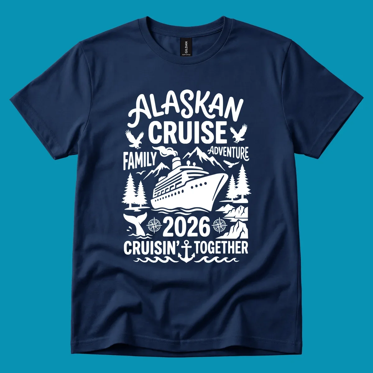 Alaskan cruise family 2026 design with cruise ship, bald eagles, mountains, whales, and nautical elements on gray background