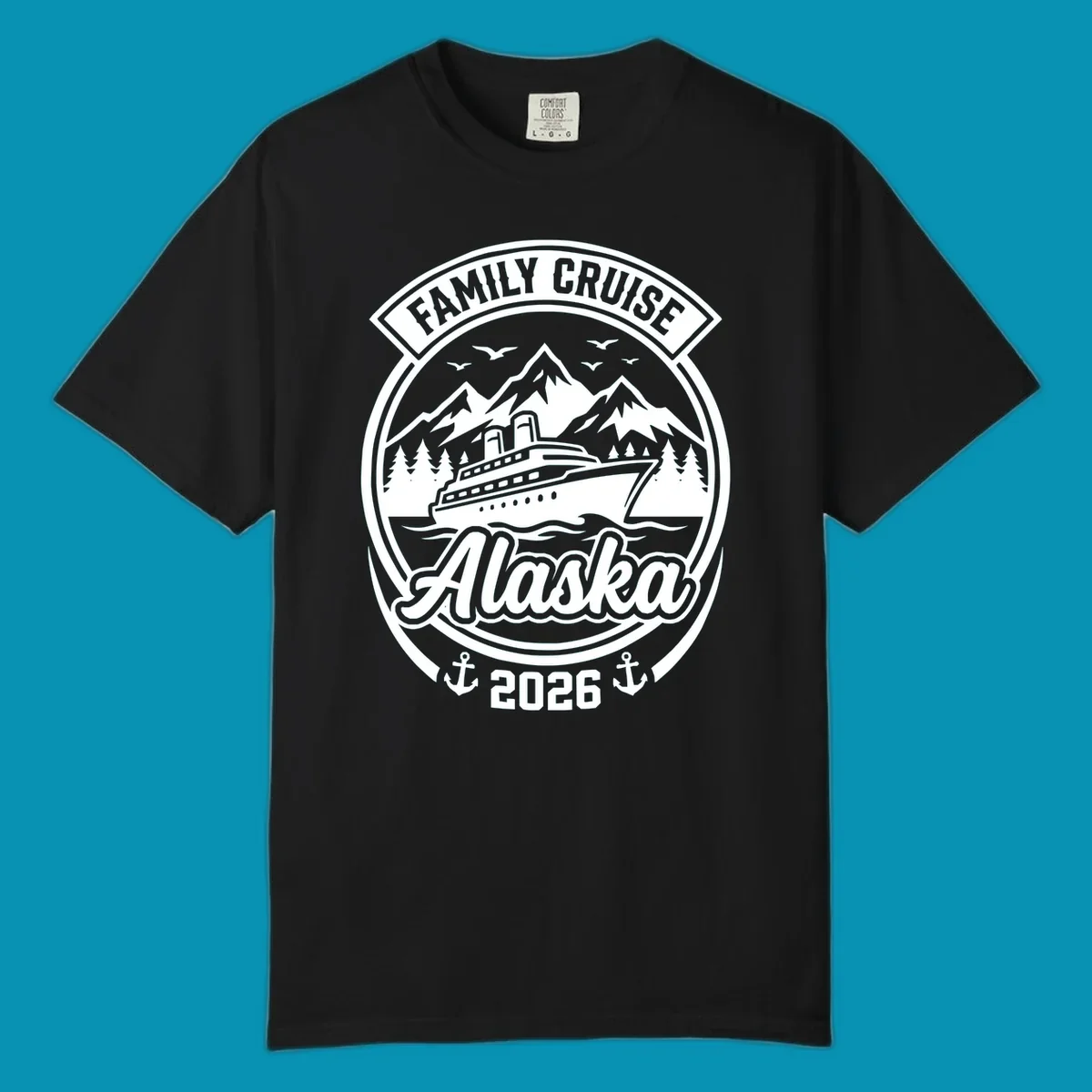 Vintage circular badge design featuring cruise ship, snow mountains, forests, and ocean waves with 'Family Cruise Alaska 2026' text and anchors