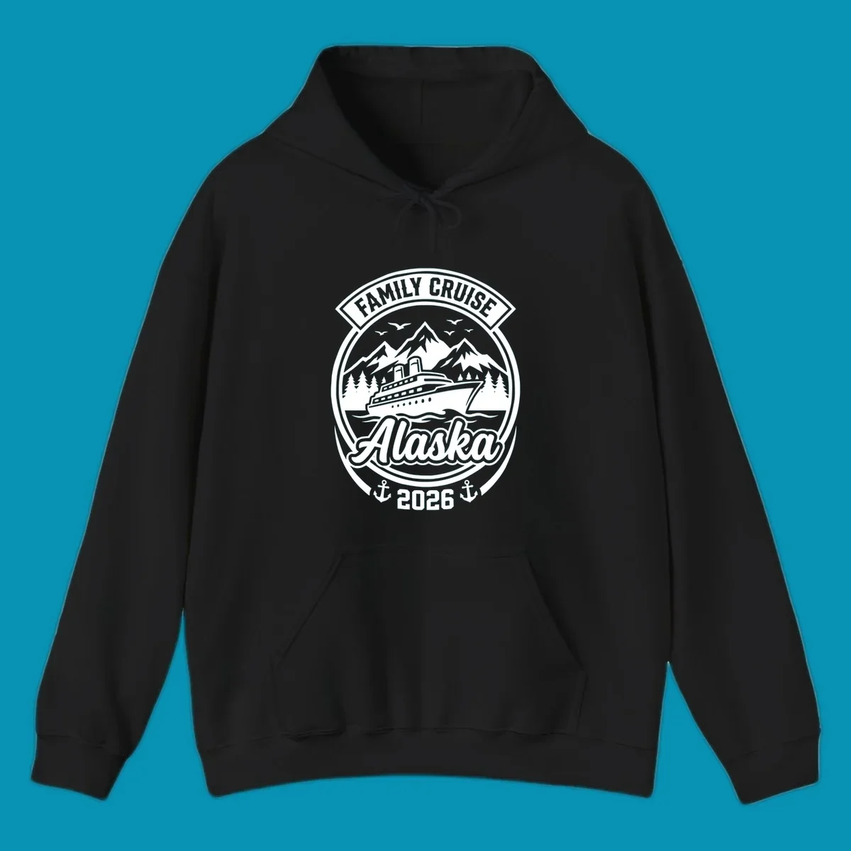 Vintage circular badge design featuring cruise ship, snow mountains, forests, and ocean waves with 'Family Cruise Alaska 2026' text and anchors