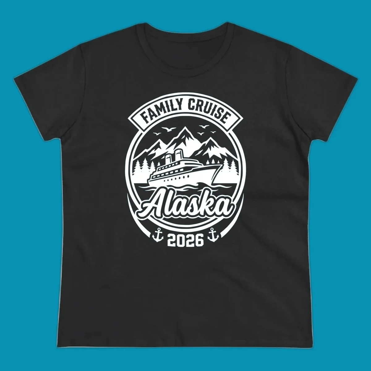 Vintage circular badge design featuring cruise ship, snow mountains, forests, and ocean waves with 'Family Cruise Alaska 2026' text and anchors