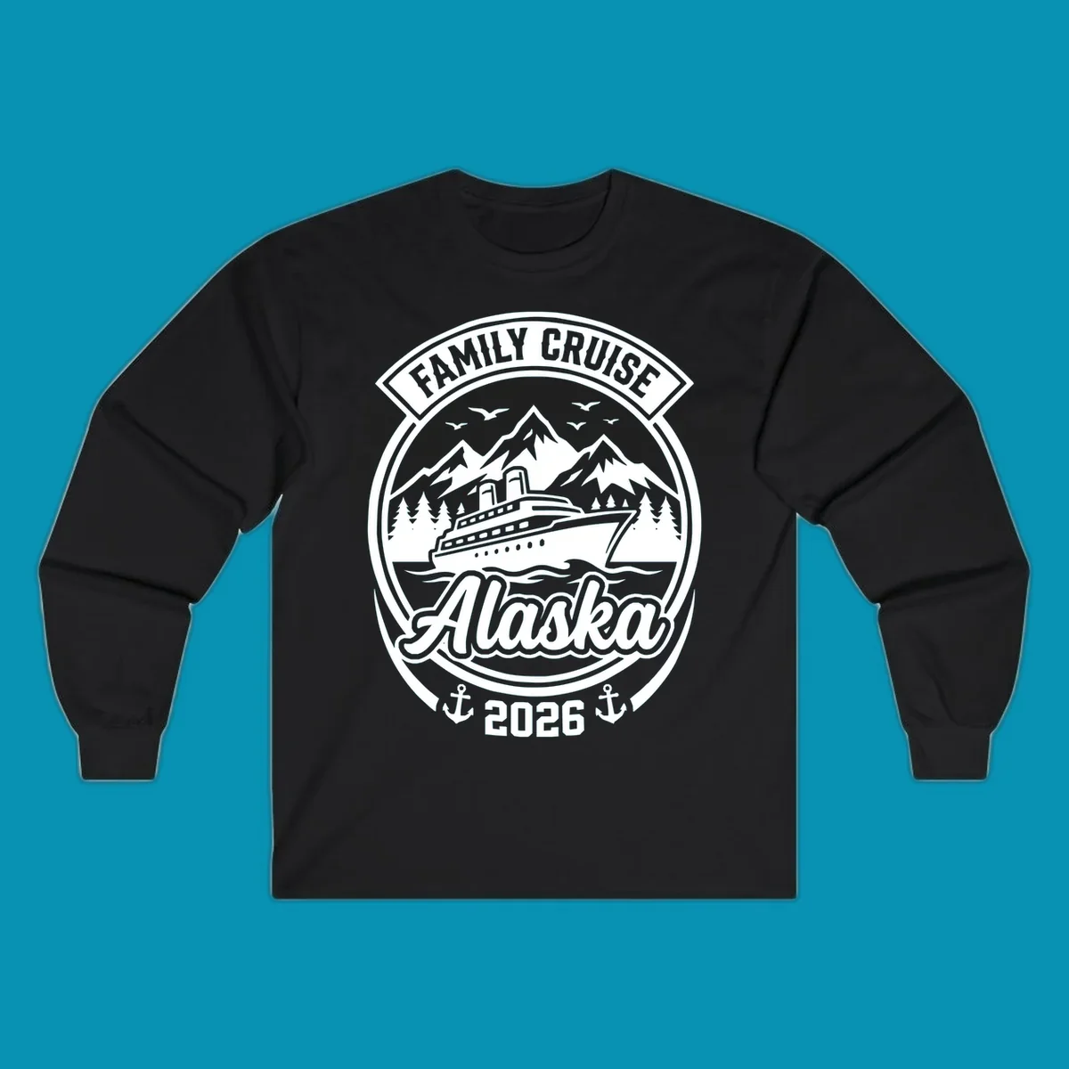 Vintage circular badge design featuring cruise ship, snow mountains, forests, and ocean waves with 'Family Cruise Alaska 2026' text and anchors