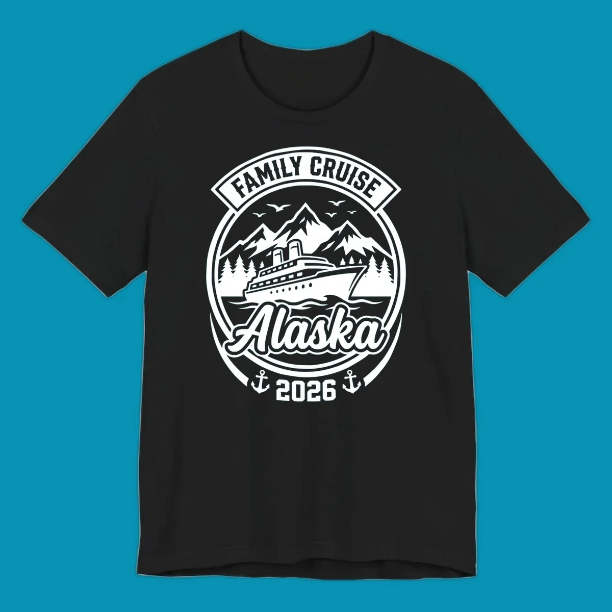 Vintage circular badge design featuring cruise ship, snow mountains, forests, and ocean waves with 'Family Cruise Alaska 2026' text and anchors