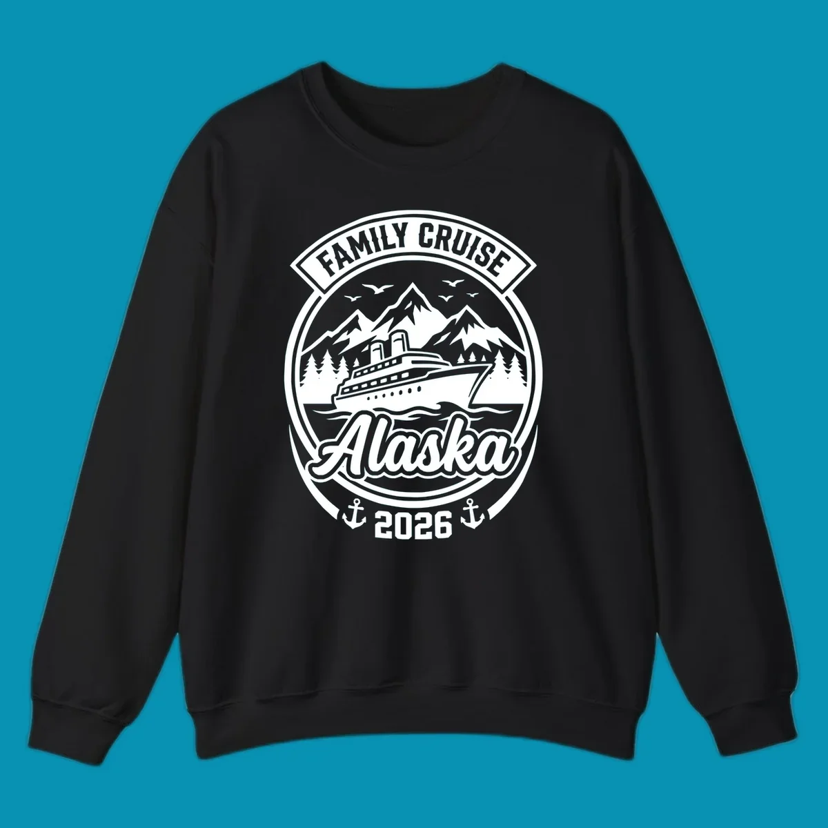 Vintage circular badge design featuring cruise ship, snow mountains, forests, and ocean waves with 'Family Cruise Alaska 2026' text and anchors