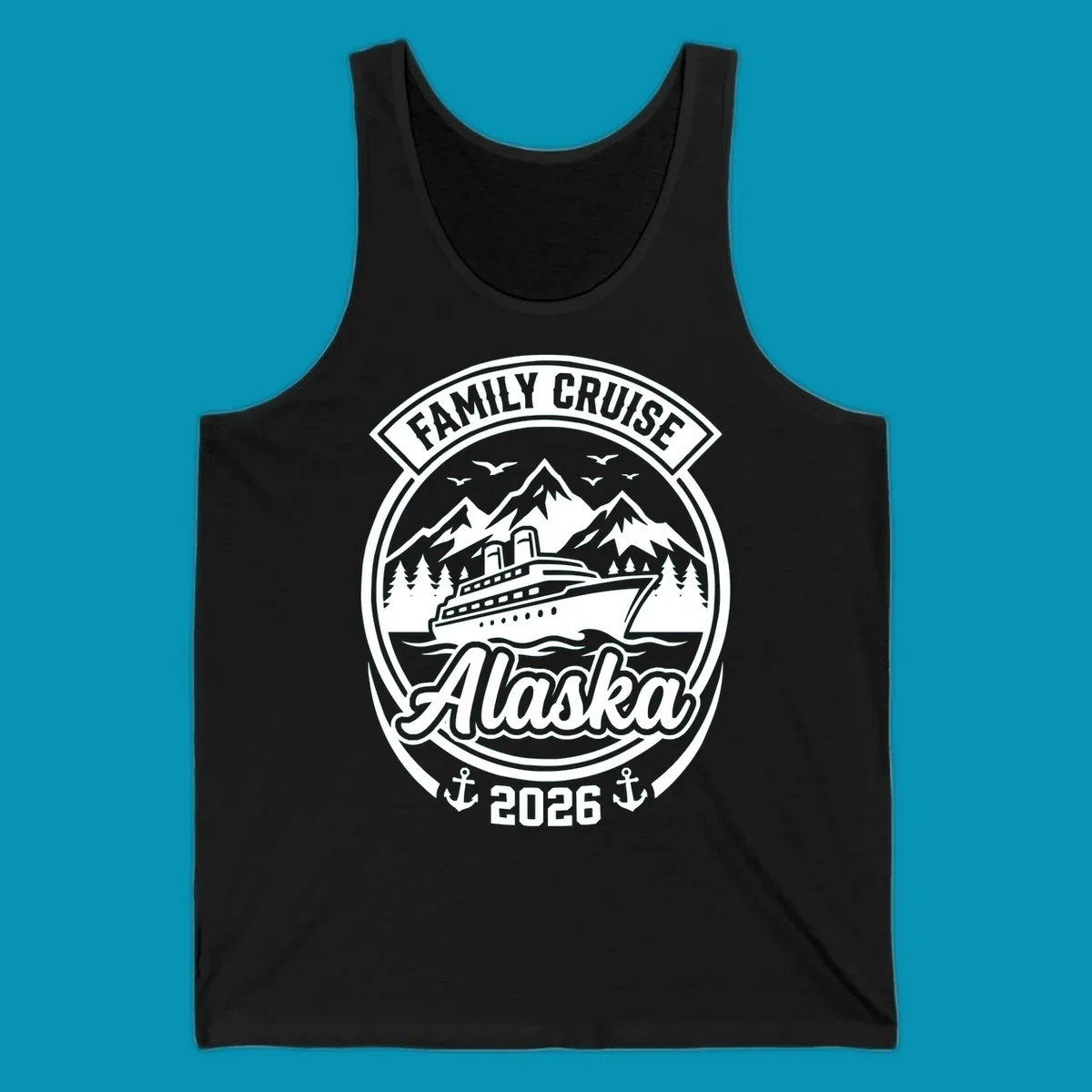 Vintage circular badge design featuring cruise ship, snow mountains, forests, and ocean waves with 'Family Cruise Alaska 2026' text and anchors