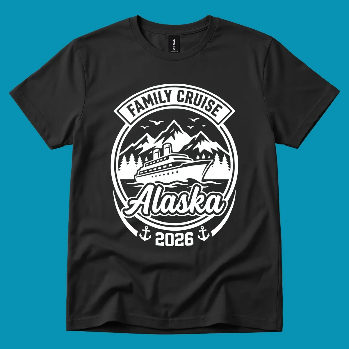 Vintage circular badge design featuring cruise ship, snow mountains, forests, and ocean waves with 'Family Cruise Alaska 2026' text and anchors