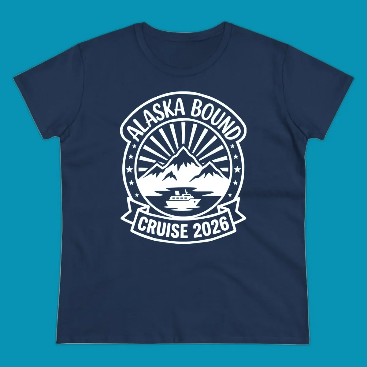 Vintage circular badge with 'Alaska Bound Cruise 2026' text, featuring snow-capped mountains, cruise ship, and radiating sun rays
