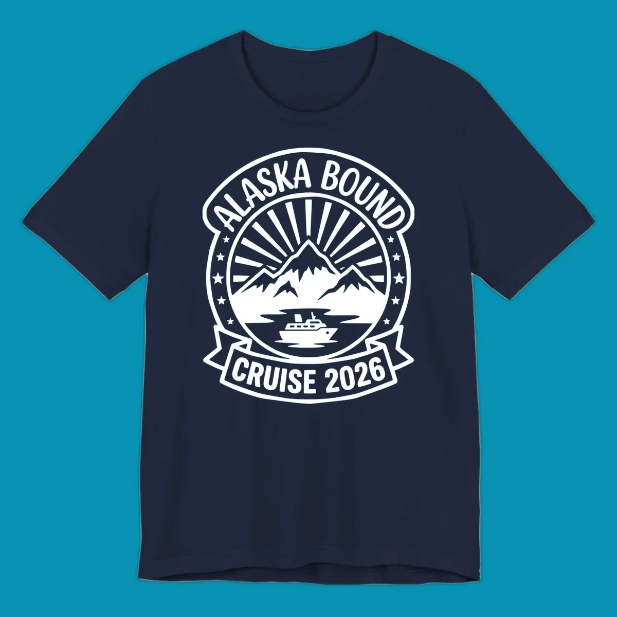 Vintage circular badge with 'Alaska Bound Cruise 2026' text, featuring snow-capped mountains, cruise ship, and radiating sun rays