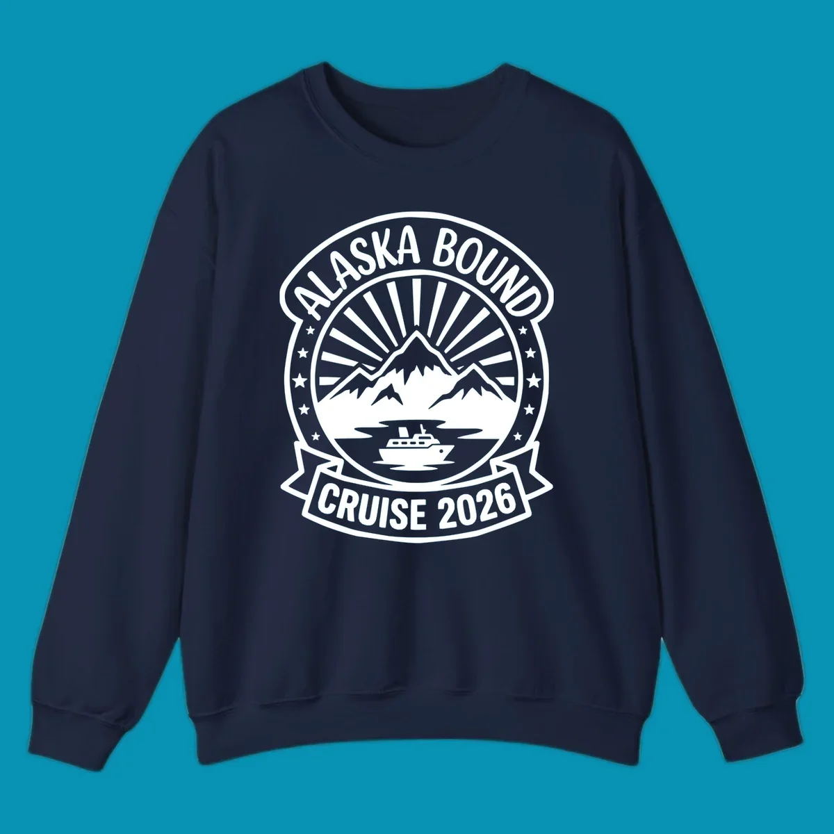 Vintage circular badge with 'Alaska Bound Cruise 2026' text, featuring snow-capped mountains, cruise ship, and radiating sun rays