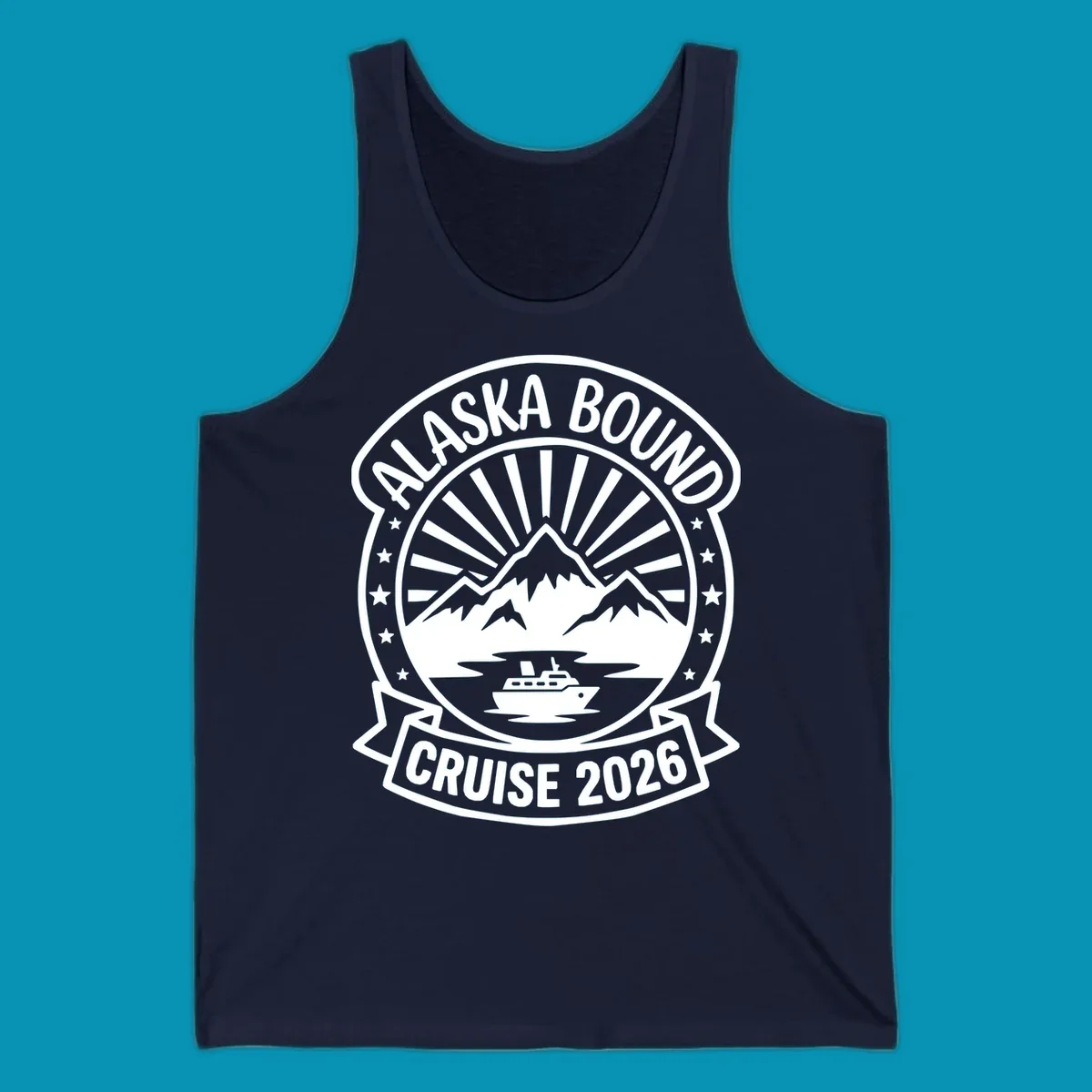Vintage circular badge with 'Alaska Bound Cruise 2026' text, featuring snow-capped mountains, cruise ship, and radiating sun rays