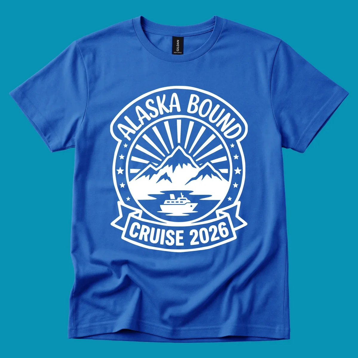 Vintage circular badge with 'Alaska Bound Cruise 2026' text, featuring snow-capped mountains, cruise ship, and radiating sun rays