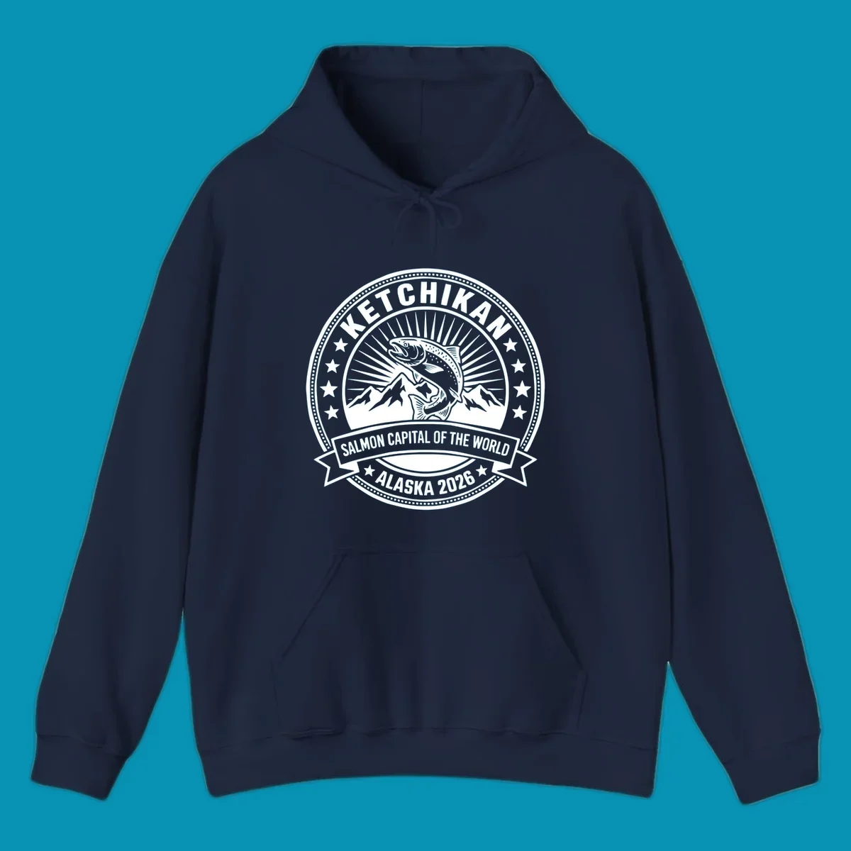 Ketchikan salmon capital badge with leaping salmon, mountain peaks, stars, and circular frame design