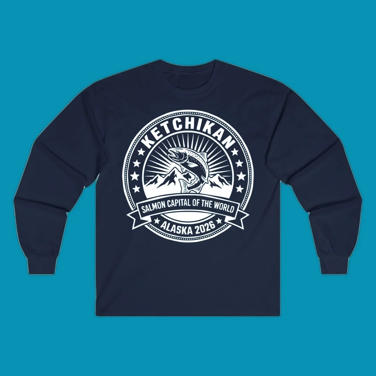 Ketchikan salmon capital badge with leaping salmon, mountain peaks, stars, and circular frame design