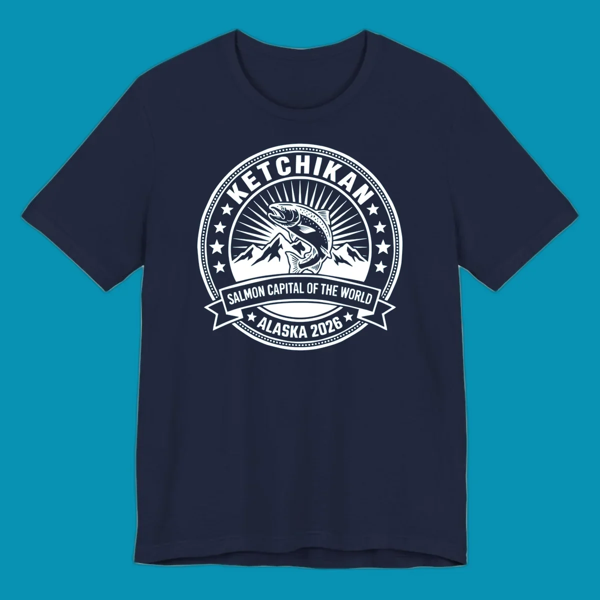 Ketchikan salmon capital badge with leaping salmon, mountain peaks, stars, and circular frame design