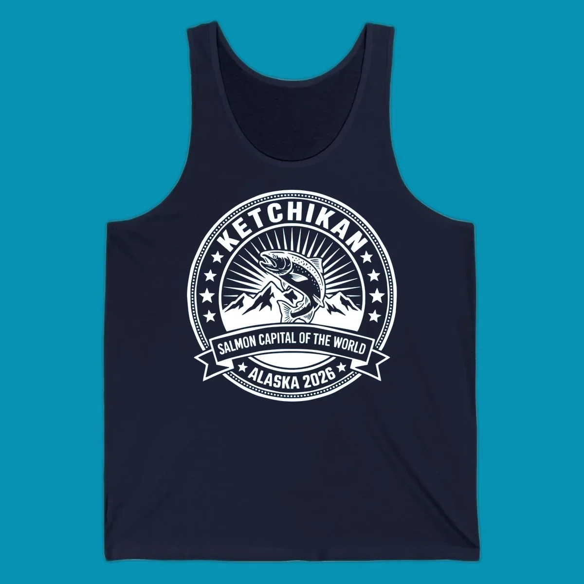 Ketchikan salmon capital badge with leaping salmon, mountain peaks, stars, and circular frame design