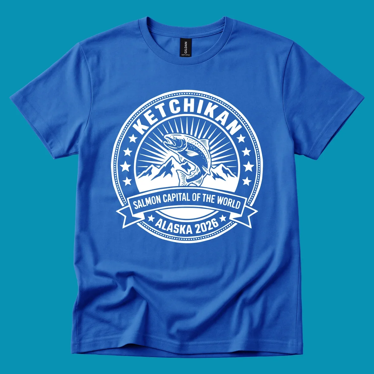 Ketchikan salmon capital badge with leaping salmon, mountain peaks, stars, and circular frame design