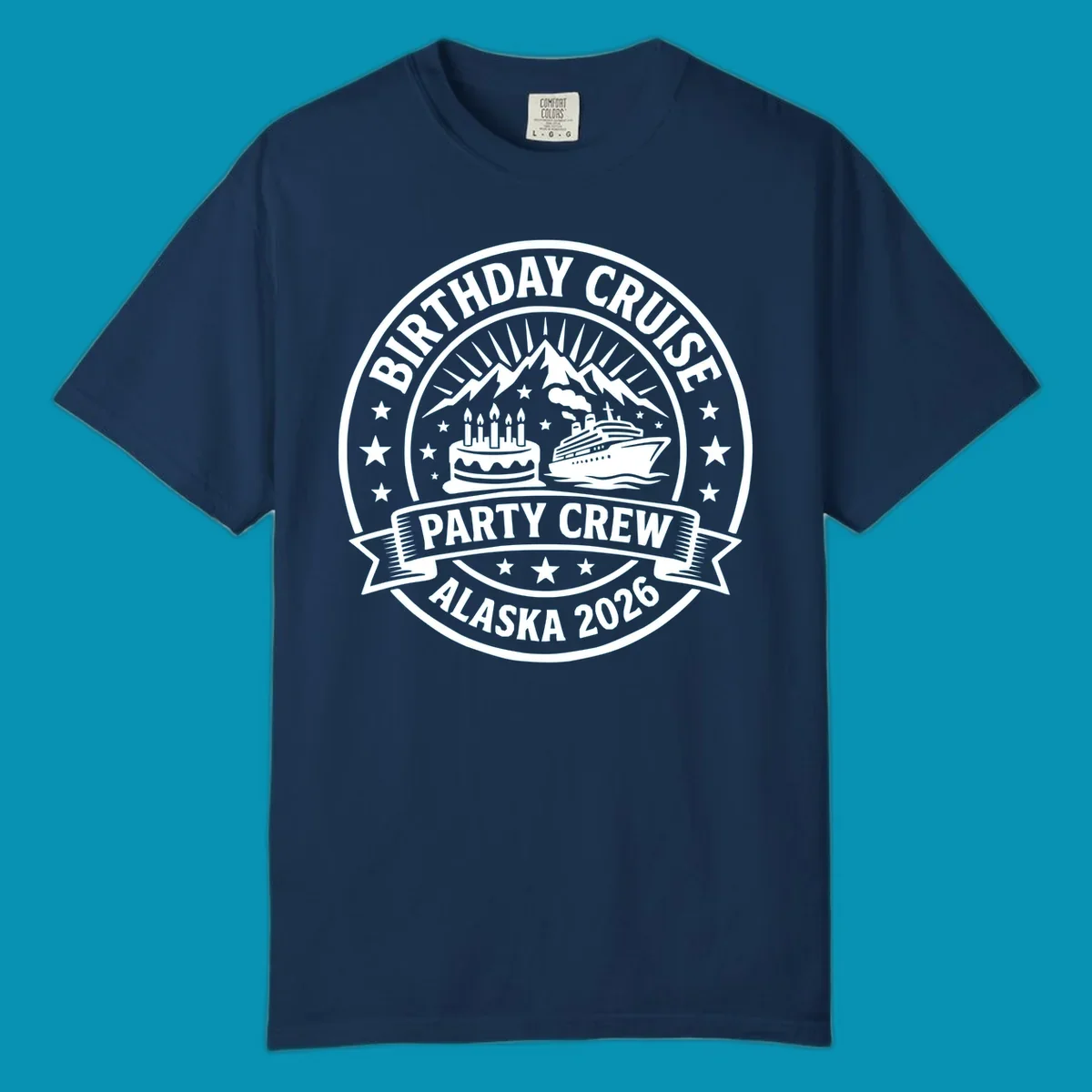 Birthday Cruise Party Crew badge design featuring birthday cake, cruise ship, and Alaska mountains with stars and radiating sun rays