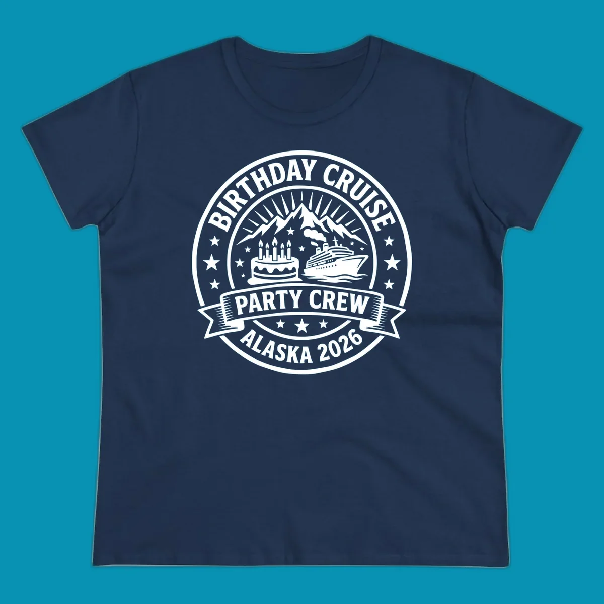 Birthday Cruise Party Crew badge design featuring birthday cake, cruise ship, and Alaska mountains with stars and radiating sun rays