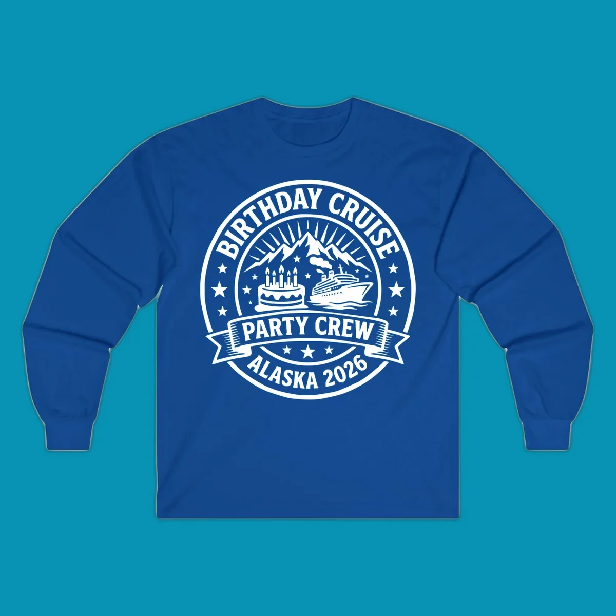 Birthday Cruise Party Crew badge design featuring birthday cake, cruise ship, and Alaska mountains with stars and radiating sun rays