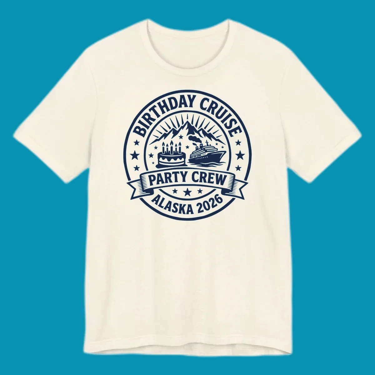 Birthday Cruise Party Crew badge design featuring birthday cake, cruise ship, and Alaska mountains with stars and radiating sun rays