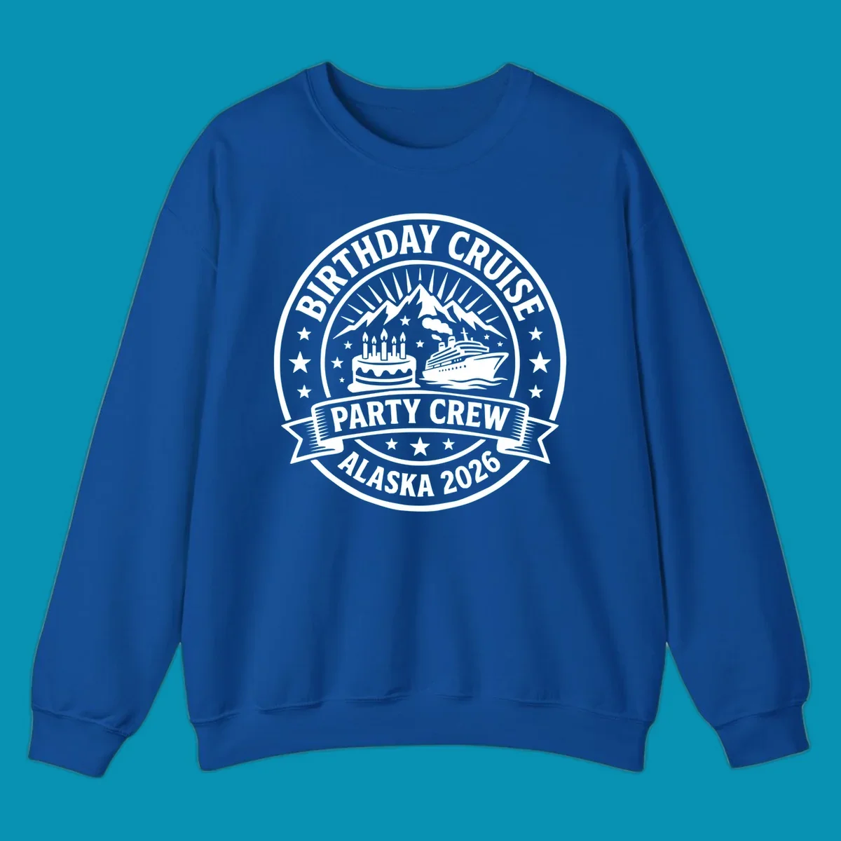 Birthday Cruise Party Crew badge design featuring birthday cake, cruise ship, and Alaska mountains with stars and radiating sun rays