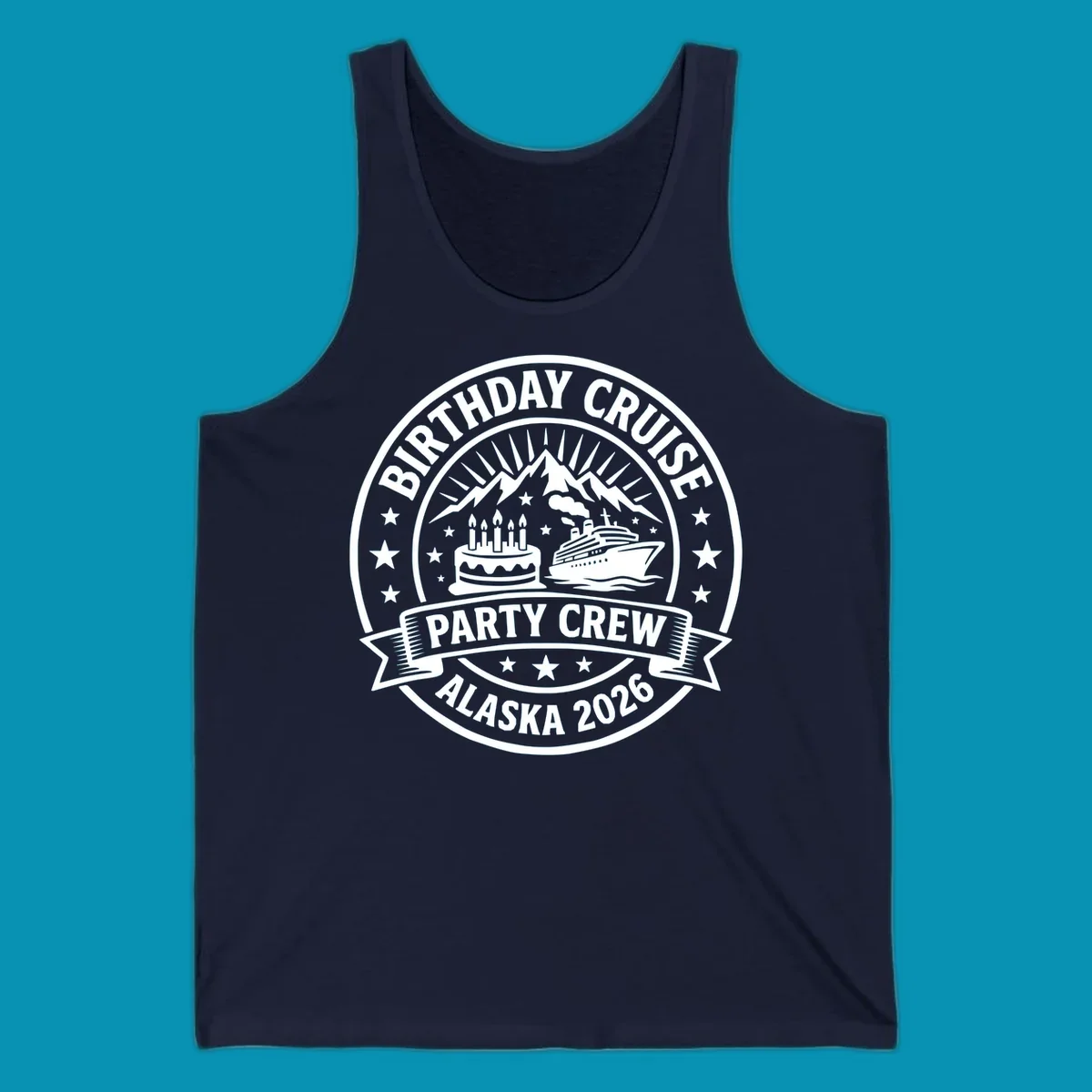Birthday Cruise Party Crew badge design featuring birthday cake, cruise ship, and Alaska mountains with stars and radiating sun rays