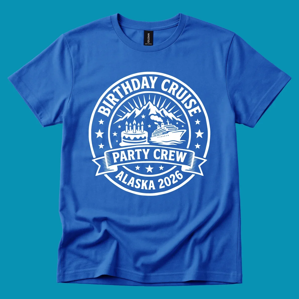Birthday Cruise Party Crew badge design featuring birthday cake, cruise ship, and Alaska mountains with stars and radiating sun rays