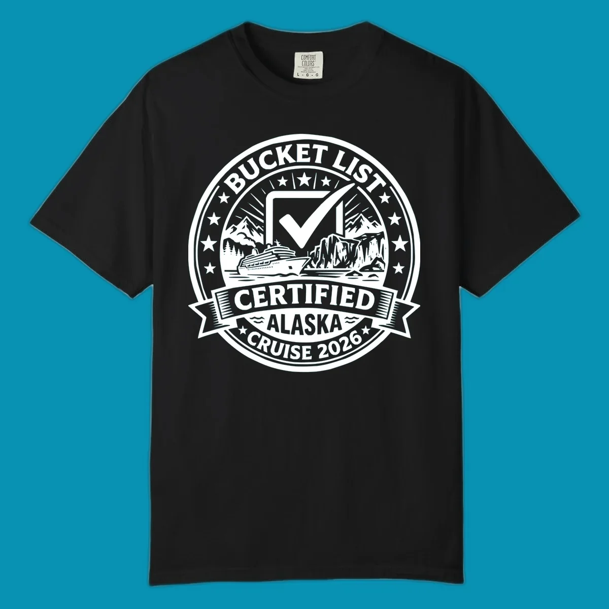 Bucket list certified Alaska cruise 2026 badge design with checkmark, cruise ship, glaciers, and mountains in circular seal format