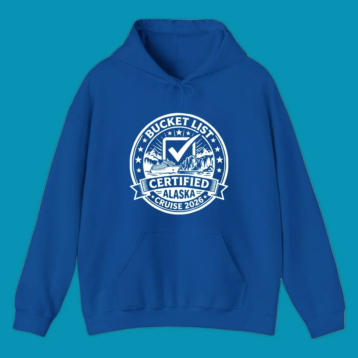 Bucket list certified Alaska cruise 2026 badge design with checkmark, cruise ship, glaciers, and mountains in circular seal format