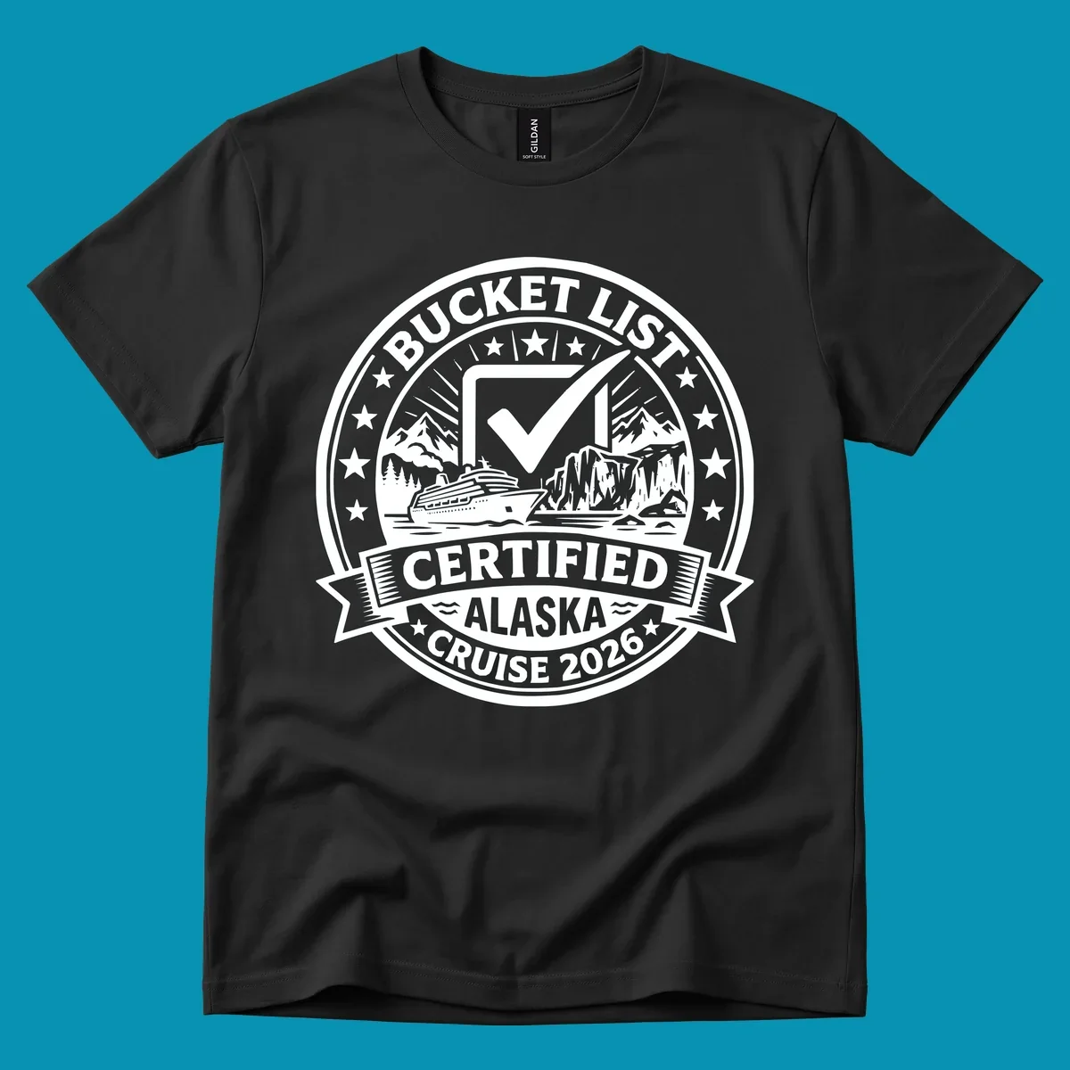 Bucket list certified Alaska cruise 2026 badge design with checkmark, cruise ship, glaciers, and mountains in circular seal format