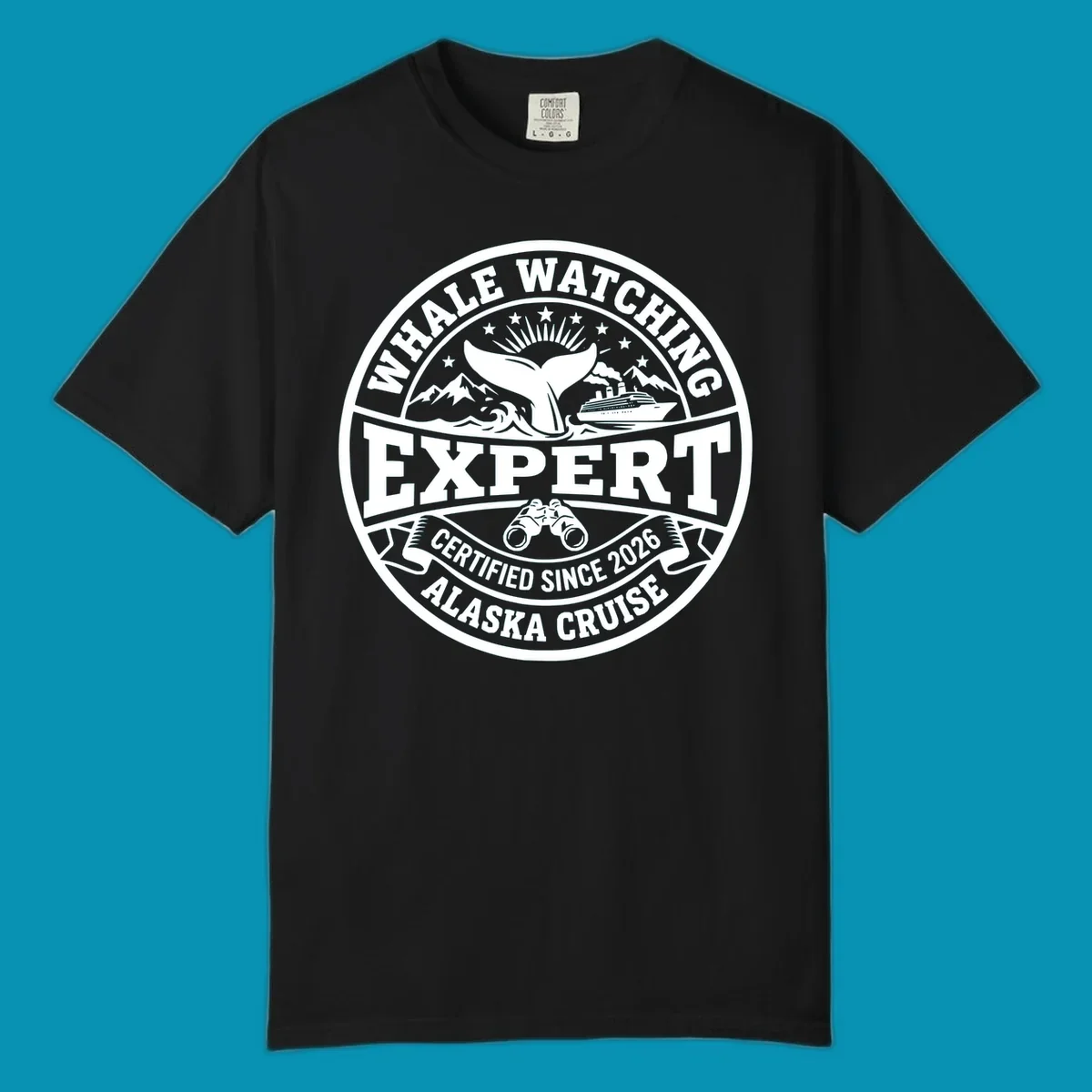 Circular whale watching expert badge with whale tail, cruise ship, mountains, binoculars, and 'Certified Since 2026 Alaska Cruise' text