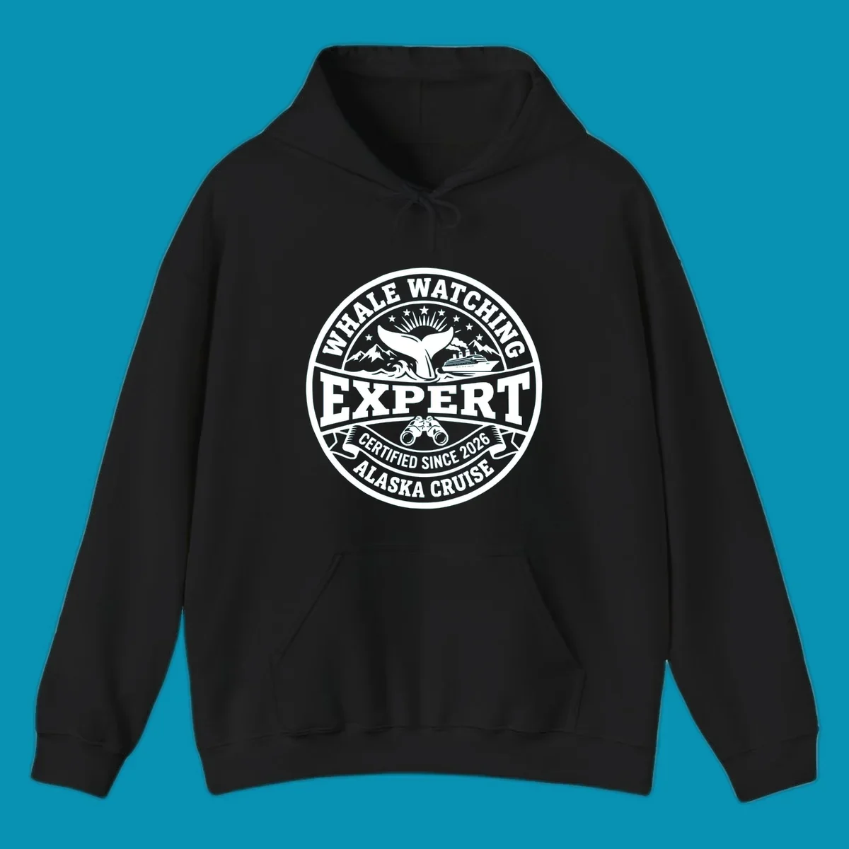 Circular whale watching expert badge with whale tail, cruise ship, mountains, binoculars, and 'Certified Since 2026 Alaska Cruise' text