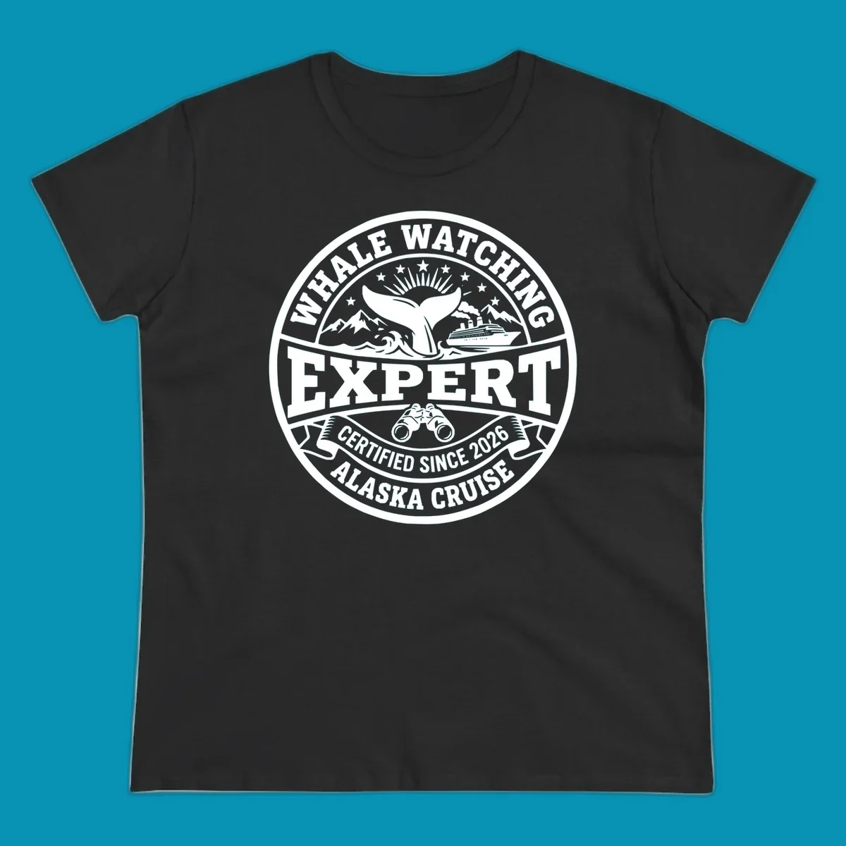 Circular whale watching expert badge with whale tail, cruise ship, mountains, binoculars, and 'Certified Since 2026 Alaska Cruise' text