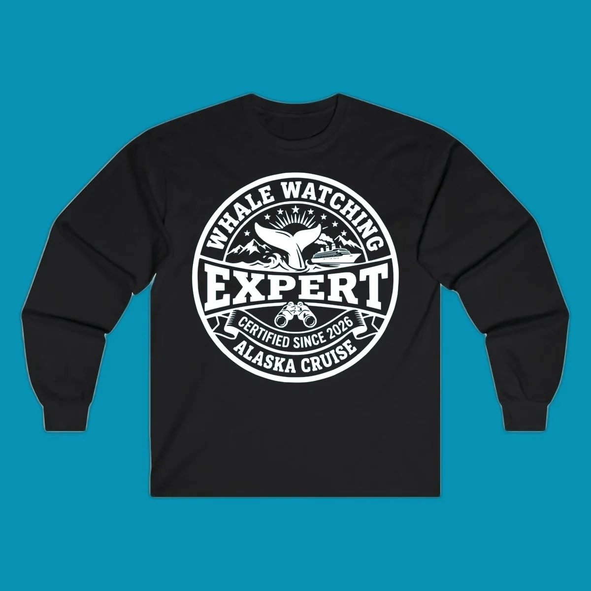 Circular whale watching expert badge with whale tail, cruise ship, mountains, binoculars, and 'Certified Since 2026 Alaska Cruise' text