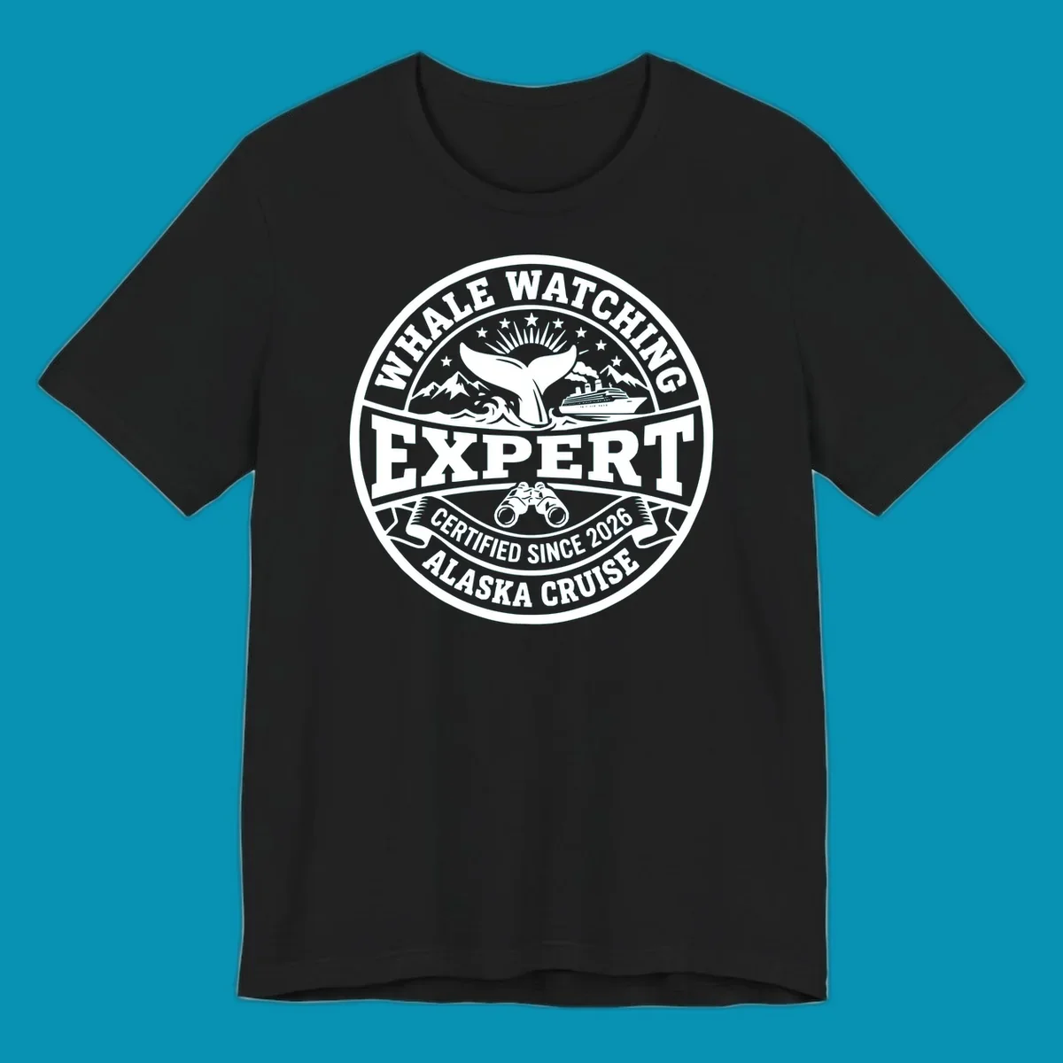 Circular whale watching expert badge with whale tail, cruise ship, mountains, binoculars, and 'Certified Since 2026 Alaska Cruise' text