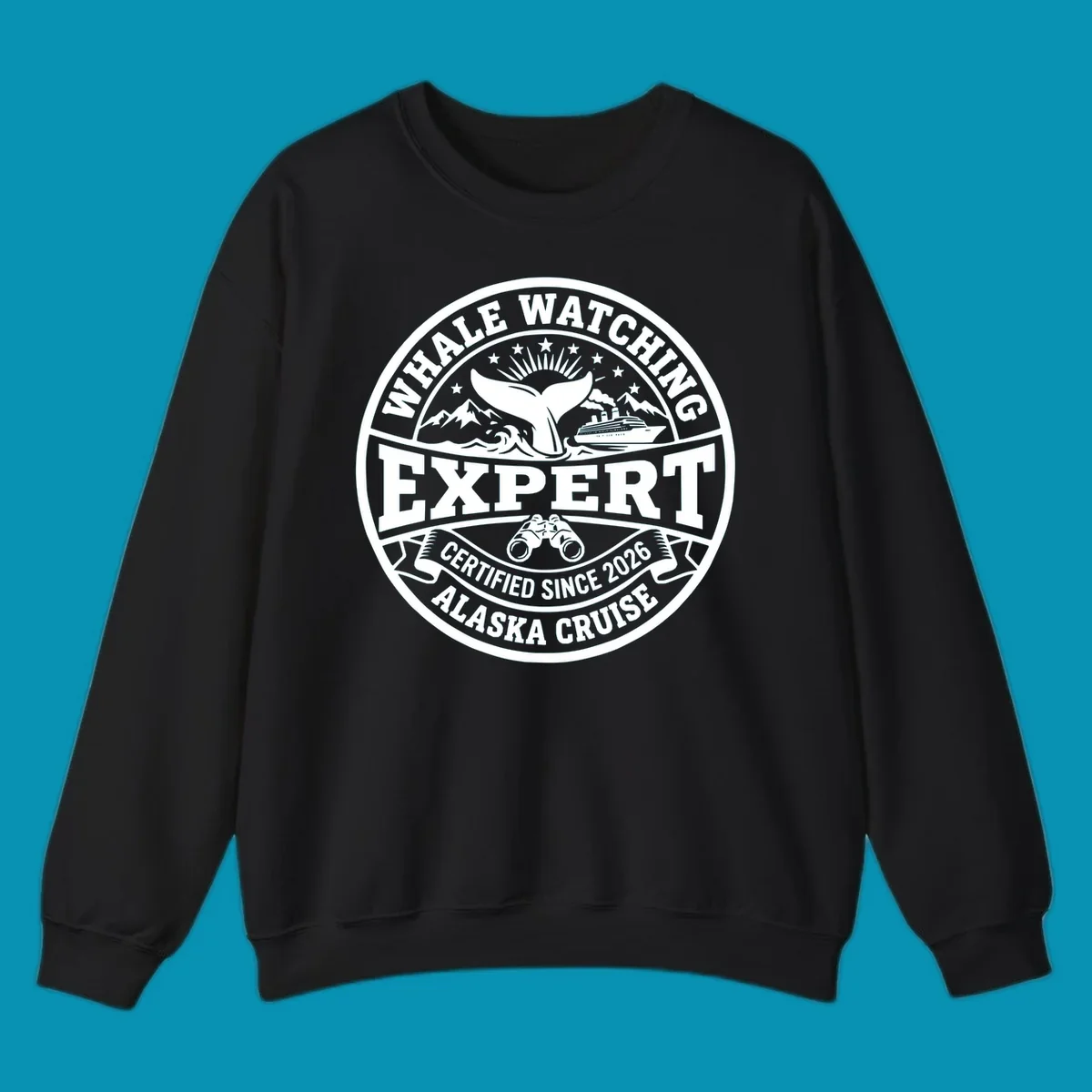 Circular whale watching expert badge with whale tail, cruise ship, mountains, binoculars, and 'Certified Since 2026 Alaska Cruise' text