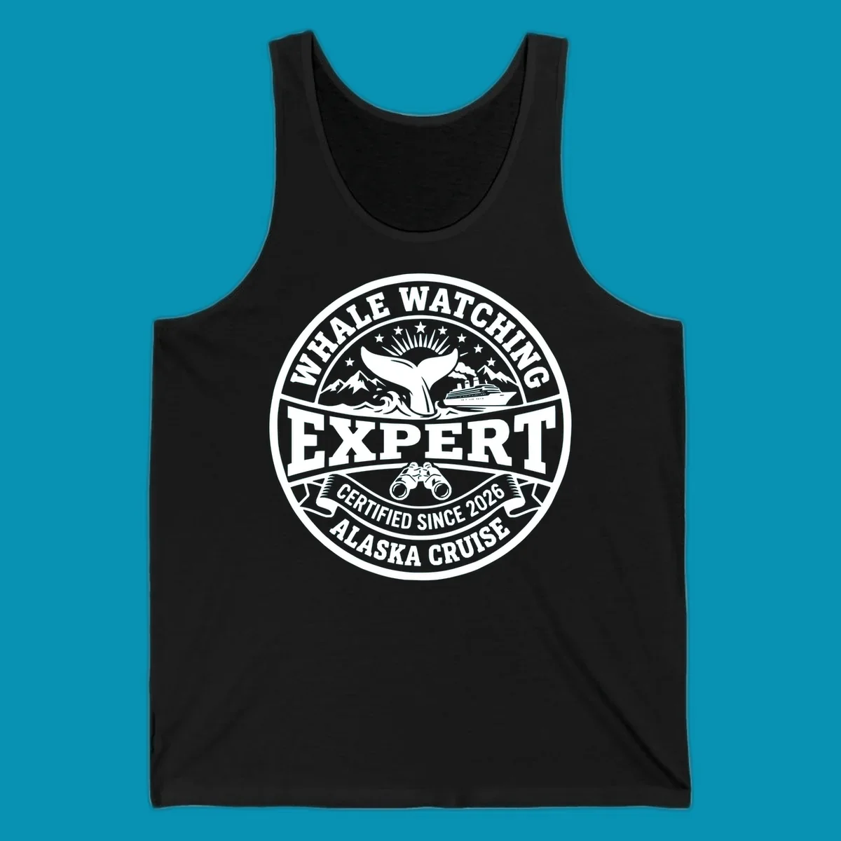 Circular whale watching expert badge with whale tail, cruise ship, mountains, binoculars, and 'Certified Since 2026 Alaska Cruise' text
