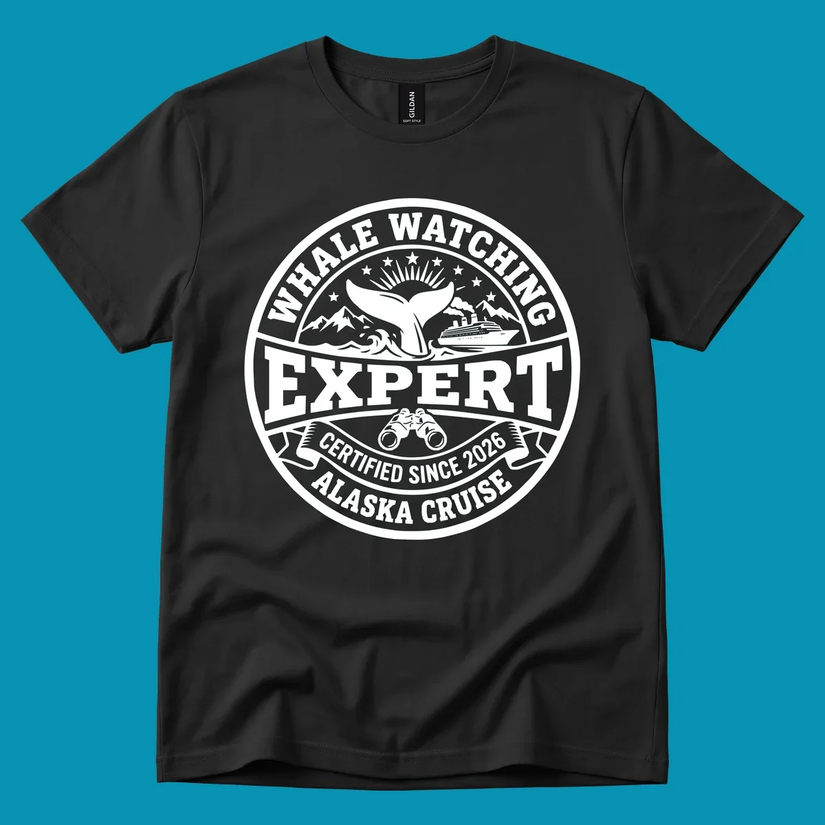 Circular whale watching expert badge with whale tail, cruise ship, mountains, binoculars, and 'Certified Since 2026 Alaska Cruise' text