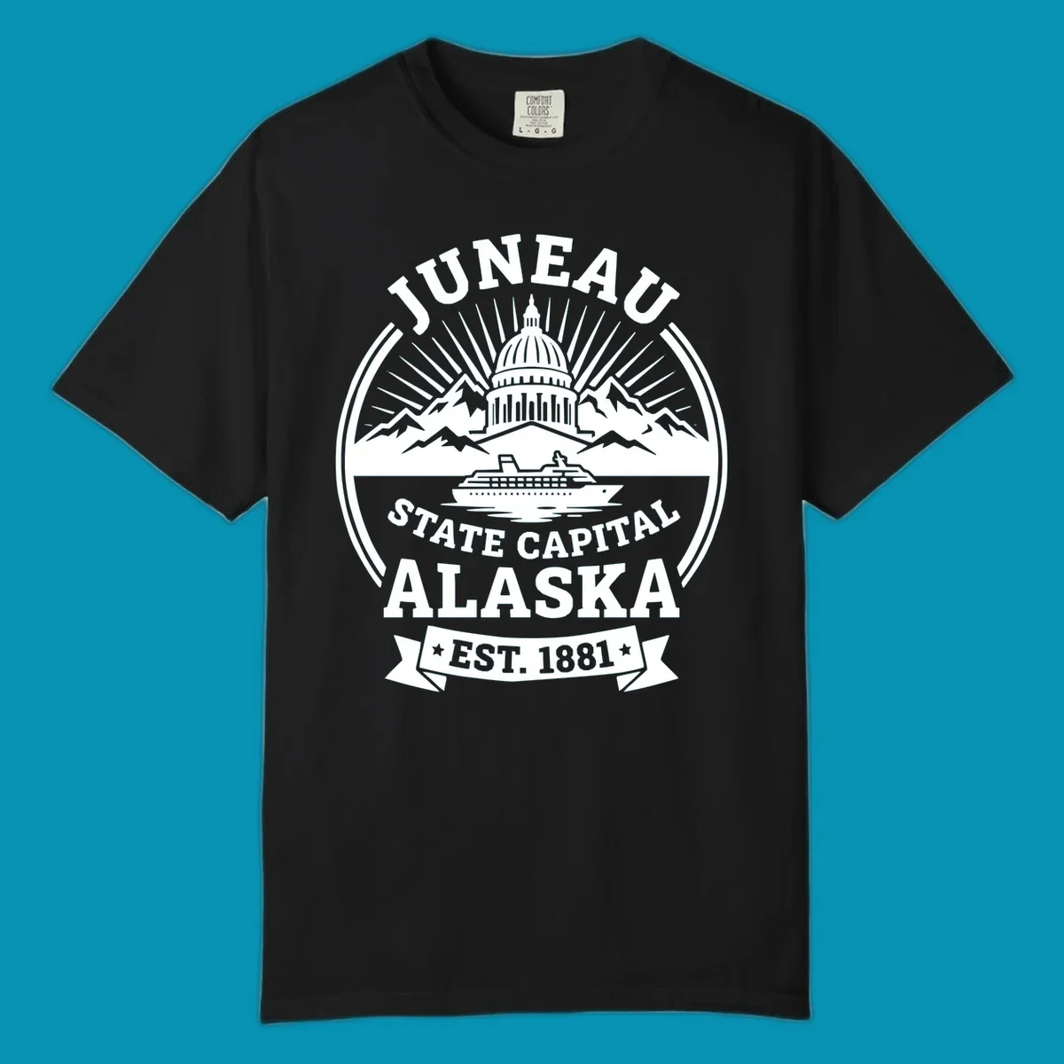 Circular Juneau State Capital Alaska cruise badge with Capitol dome, mountains, ship, and sunburst rays
