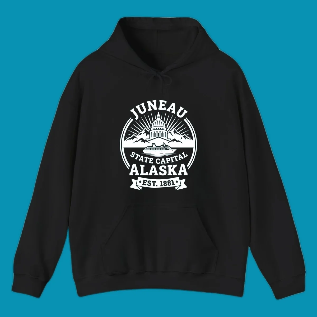 Circular Juneau State Capital Alaska cruise badge with Capitol dome, mountains, ship, and sunburst rays