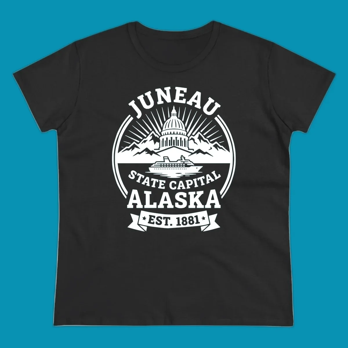 Circular Juneau State Capital Alaska cruise badge with Capitol dome, mountains, ship, and sunburst rays