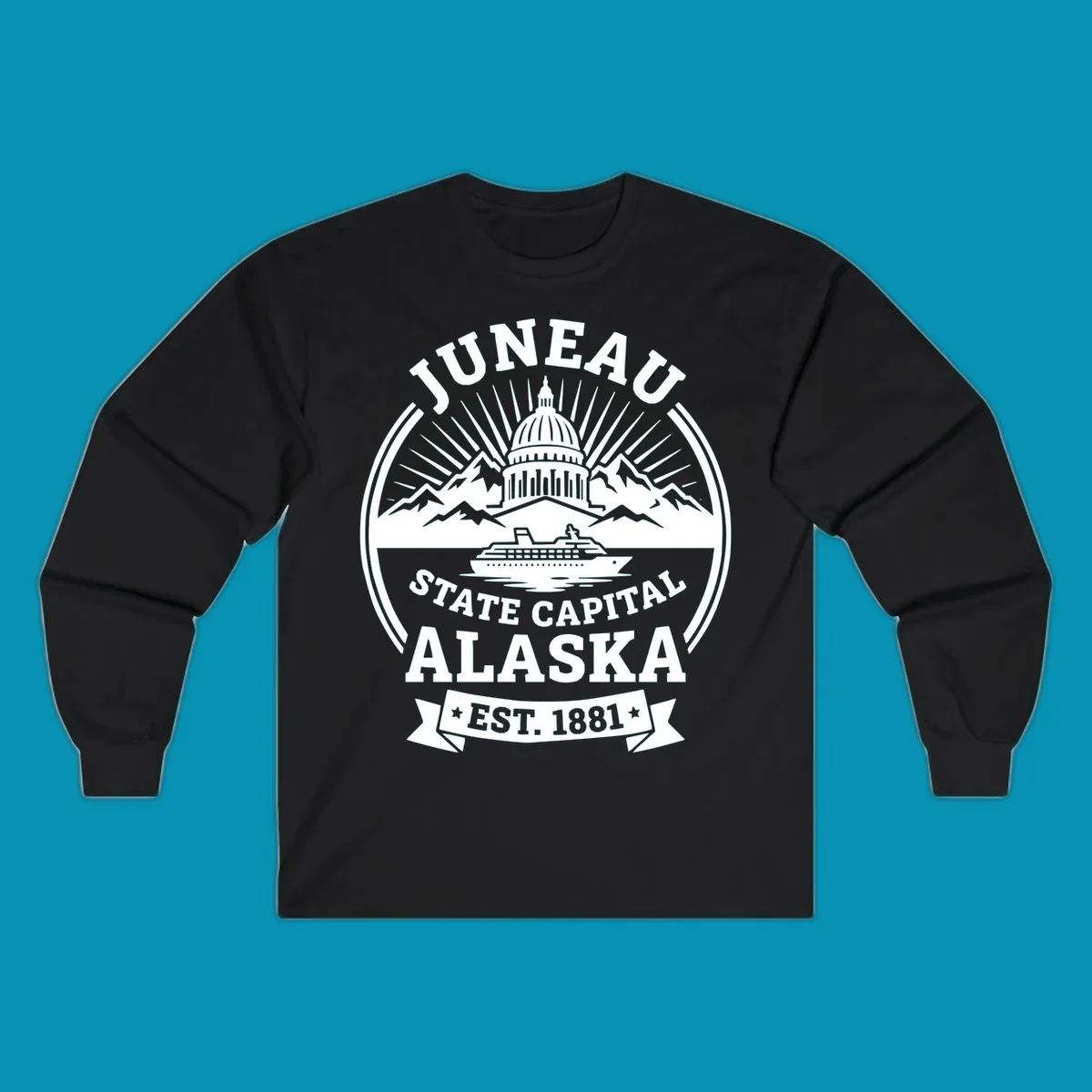 Circular Juneau State Capital Alaska cruise badge with Capitol dome, mountains, ship, and sunburst rays